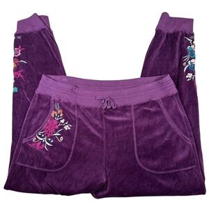 JW Los Angeles Purple Velour Floral Embroidered Joggers Pants XL Johnny Was